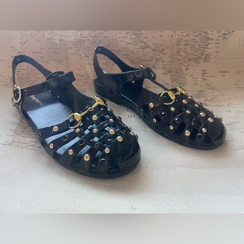 Jeffrey Campbell Jellin Black Fisherman Jelly Sandals Gold Bling Size 42 | 9.5 - Picture 2 of 11